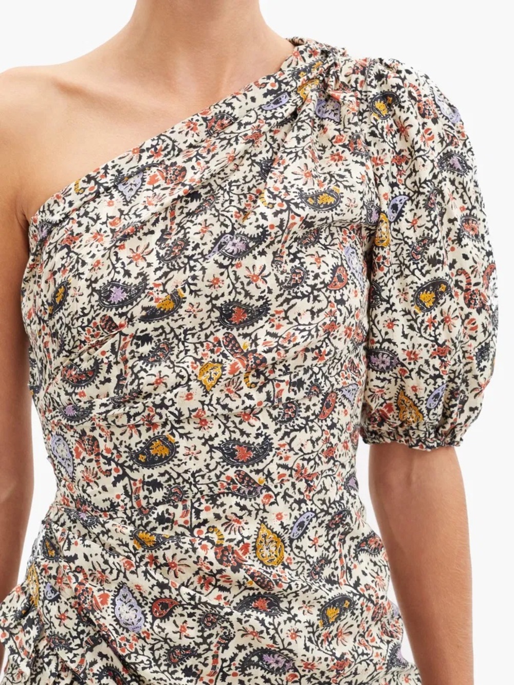 Isabel Marant One-Shoulder Floral Puff-Sleeve Dress